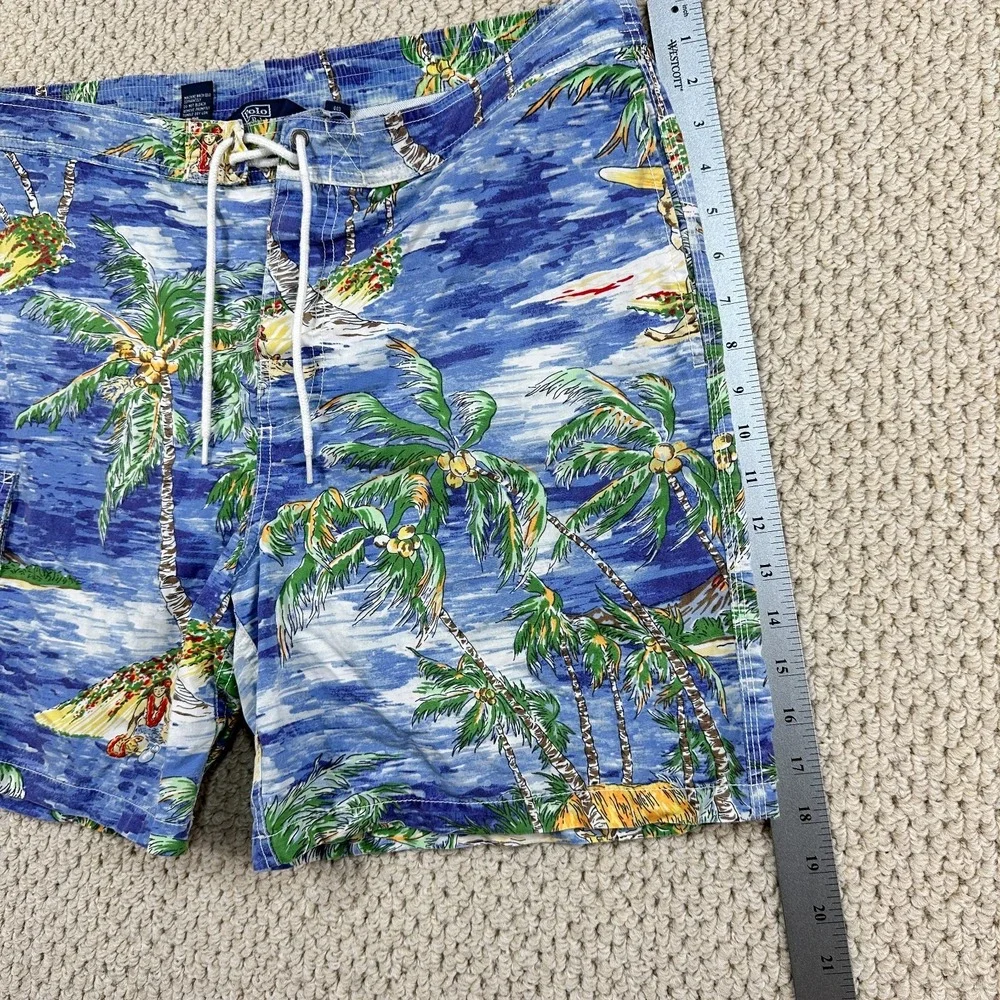 Vtg Polo Ralph Lauren Board Shorts Mens L Blue Swim Trunks Tie Front Palm Tree